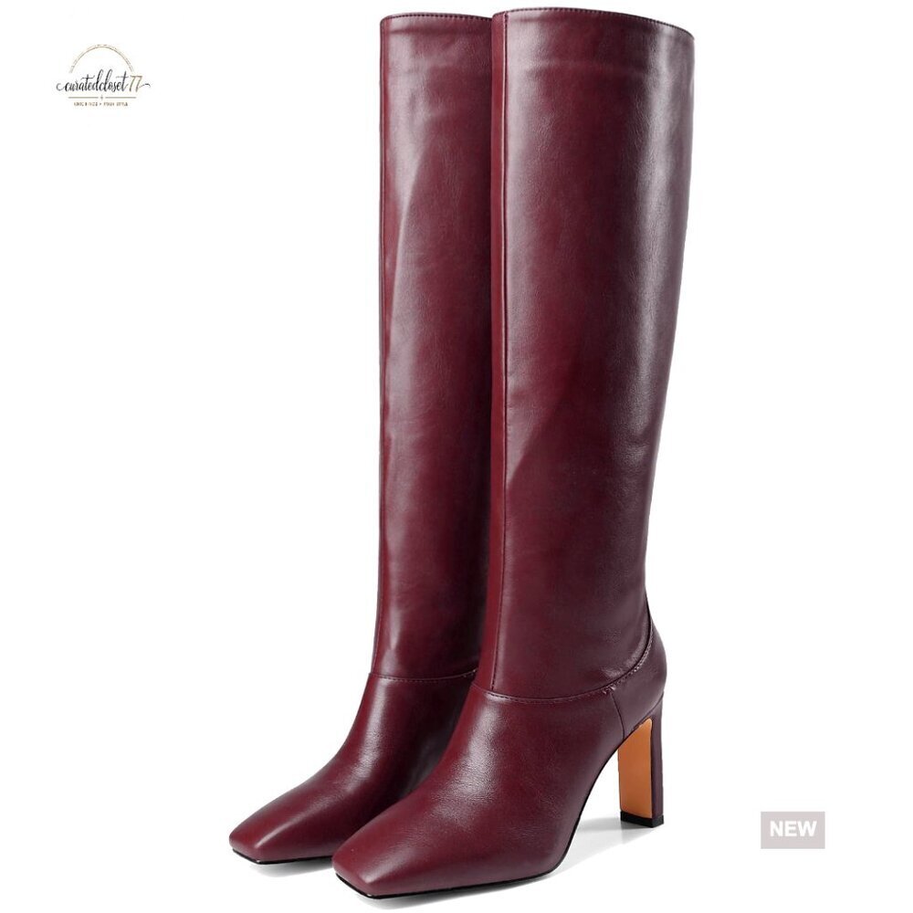 Knee High Boots Square Toe Chunky Heel Pull On Synthetic PU Size 4-10.5
